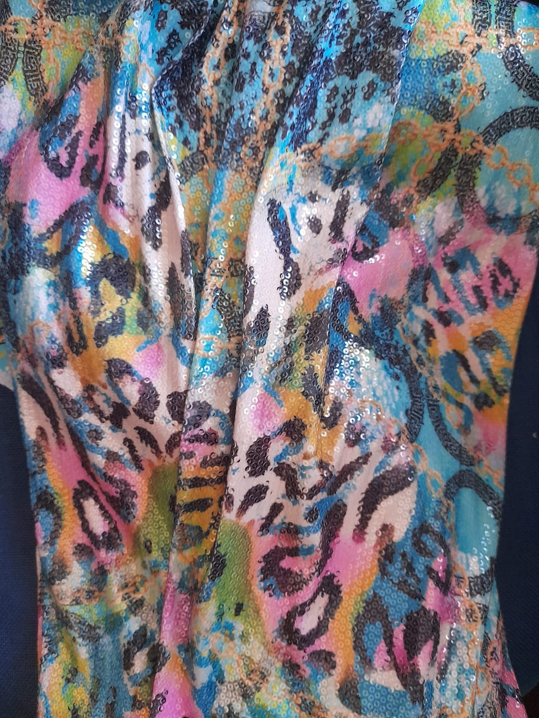 Customer photo review of Multicolour Animal & Chain Print Sequin Fabric