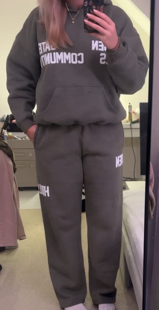 Customer photo review of GATED COMMUNITY STRAIGHT LEG SWEATPANTS SAGE
