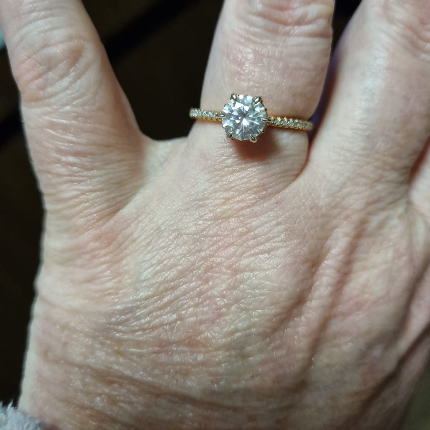 Customer photo review of Luxury Elena Solitaire with Hidden Halo & Pave Band - Gold Vermeil - Moissanite