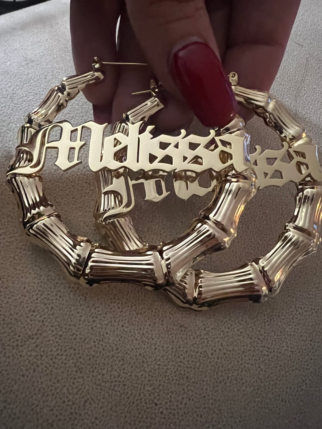 Customer photo review of Gothic Name Hoop Earrings