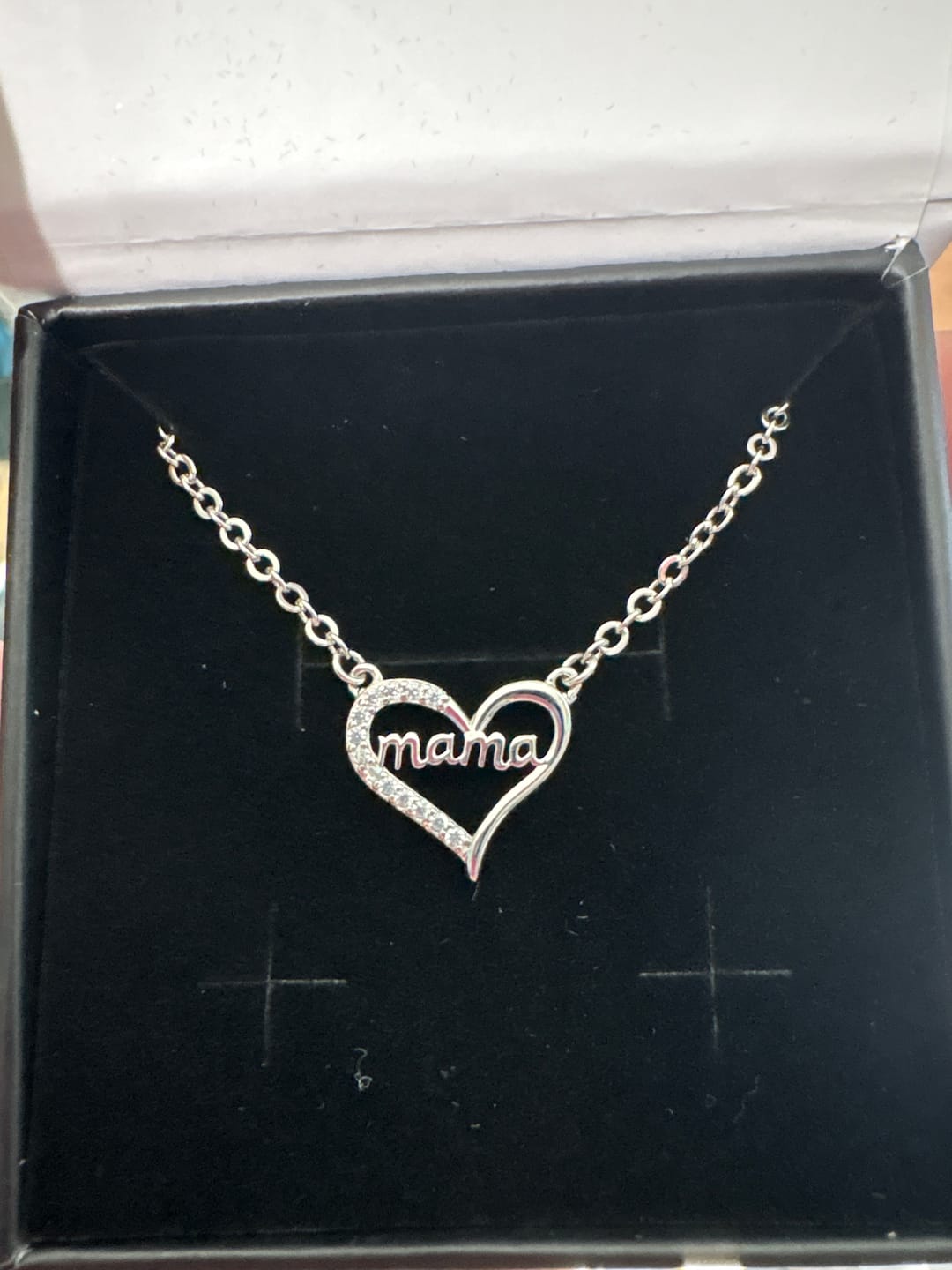 Customer photo review of Louise 18k White Gold Plated Mama Heart Necklace with Simulated Diamond Crystals