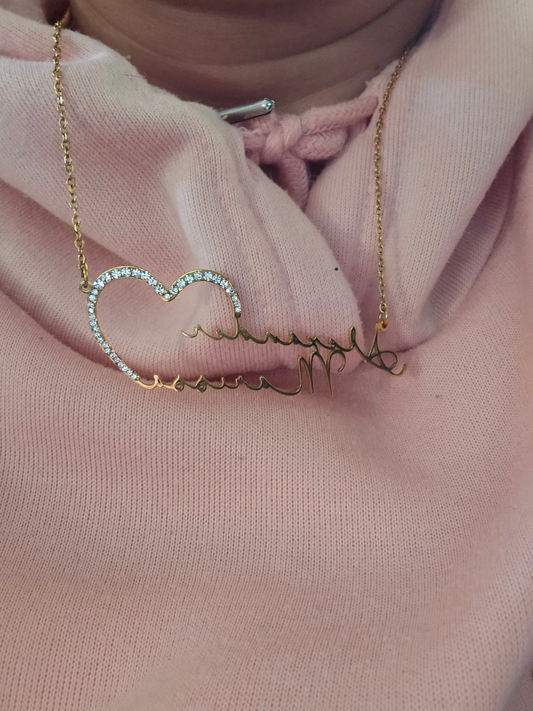 Customer photo review of Iced Heart Double Script Name Necklace