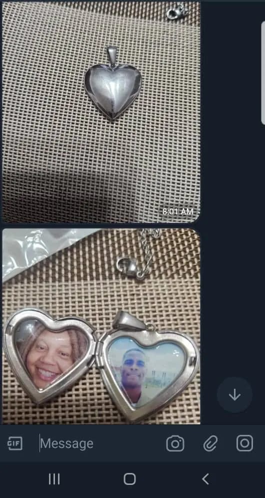 Customer photo review of Stainless Steel Heart Locket Necklace With Photo And Custom Name Date — Gold-Tone | KIMLUD