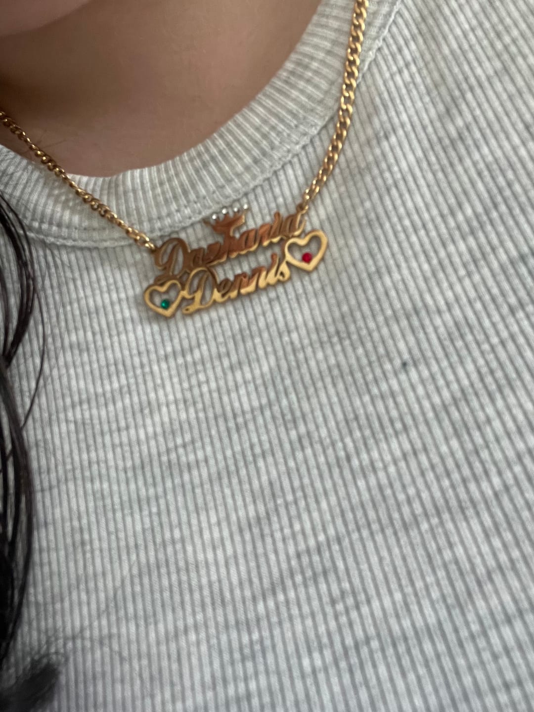 Customer photo review of Double Heart Name Necklace w/ Cuban Chain