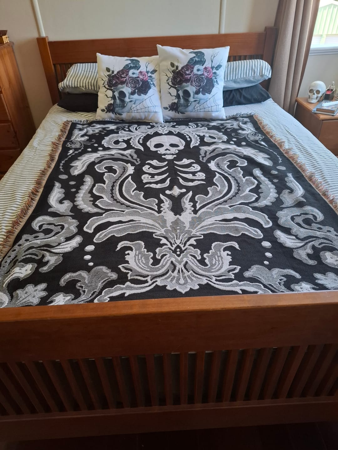 Customer photo review of Skull Damask Throw | Tapestry