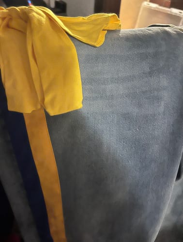 Customer photo review of RHO in Blue & Gold Striped Jeans