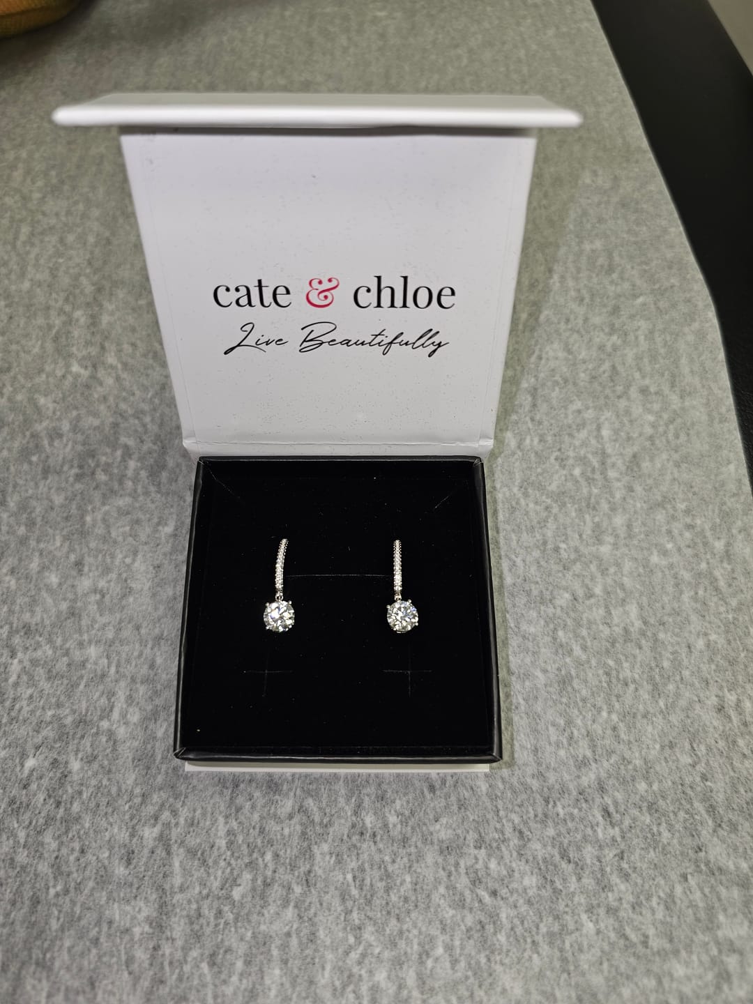Customer photo review of Moissanite by Cate & Chloe Finley 18k Gold Plated 925 Sterling Silver Dangle Earrings 2.13tcw