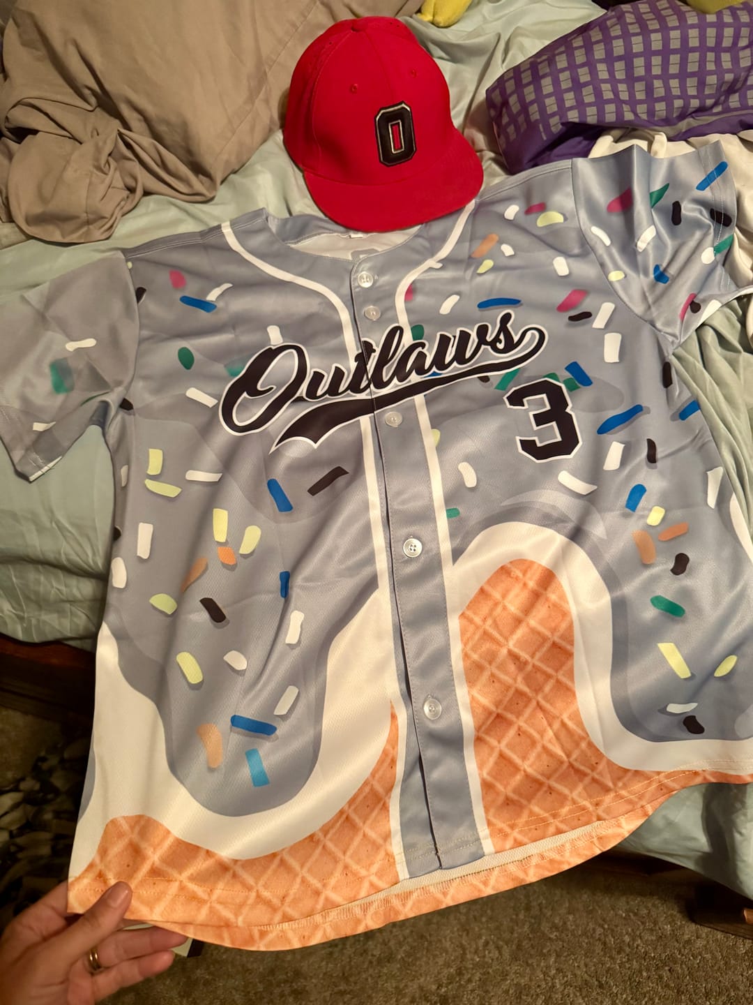 Customer photo review of Custom Gray Ice Cream Cone Graffiti Pattern Fashion Authentic Baseball Jersey