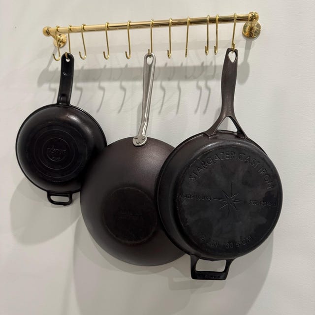 Customer photo review of Unlacquered Brass Wall Mounted Pot Rack With Hooks