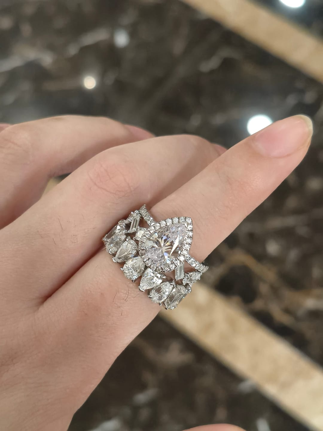 Customer photo review of S925 2.2 Carat Halo Pear Cut Wedding Ring Set With Two Luxurious Wedding Bands For Women