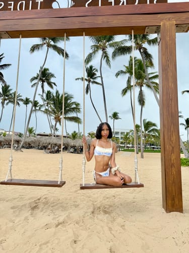 Customer photo review of Crystal Cream Toile de Jouy Spliced Ruched Ruffles Cheeky Bikini Bottom