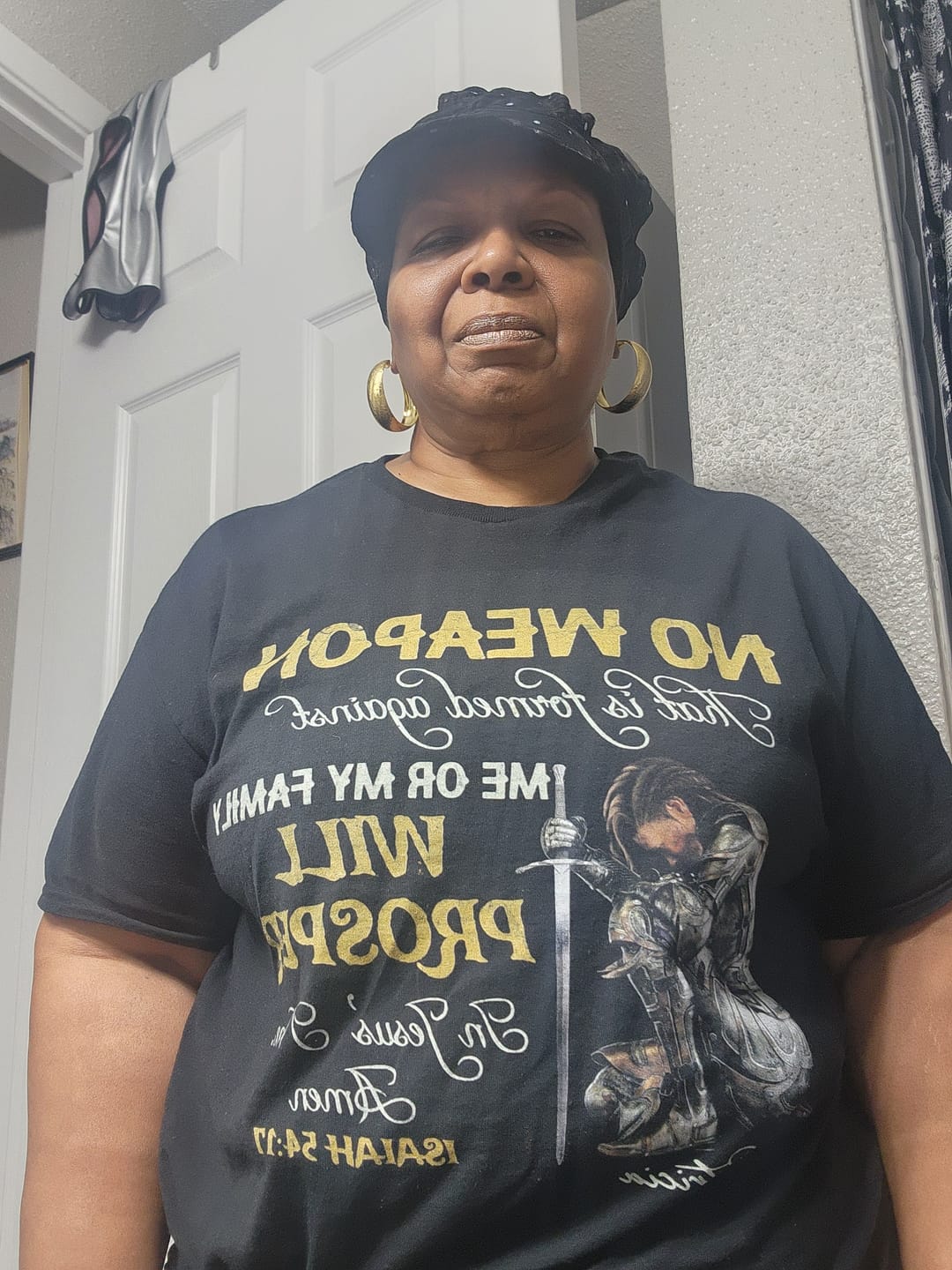 Customer photo review of Personalized Woman Warrior No Weapon Formed Against Us Shall Prosper-Isaiah 54:17 T-Shirt