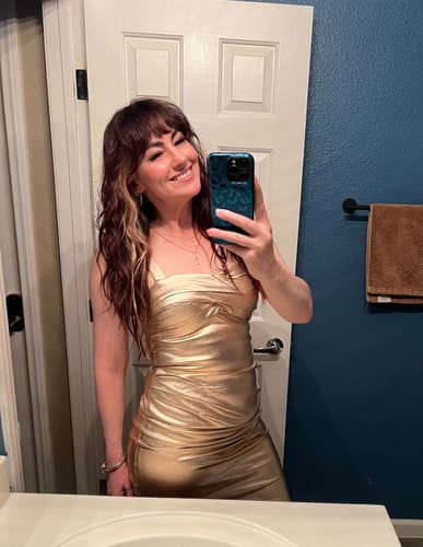 Customer photo review of Jawbreaker Wiggle Dress in Champagne Rose Laminate - Vixen by Micheline Pitt