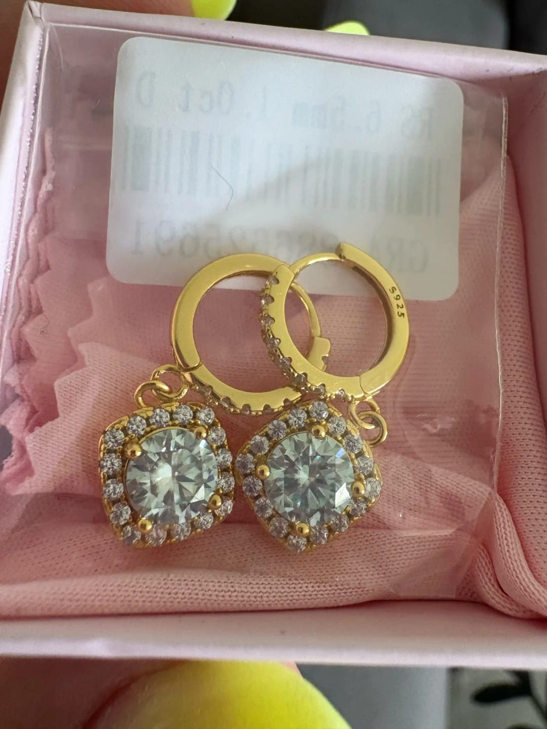 Customer photo review of 1ct GRA-Certified Moissanite Drop Earrings VVS D 18K Gold Plated 925 Sterling