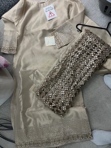 Customer photo review of Hussain Rehar Inspired Raw Silk 3 Piece Metallic Gold Heavy Dupatta Outfit
