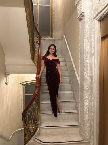 Farrah K. review of Ciara Off Shoulder Gown in Wine by Bariano - RENTAL image 1 out of 1