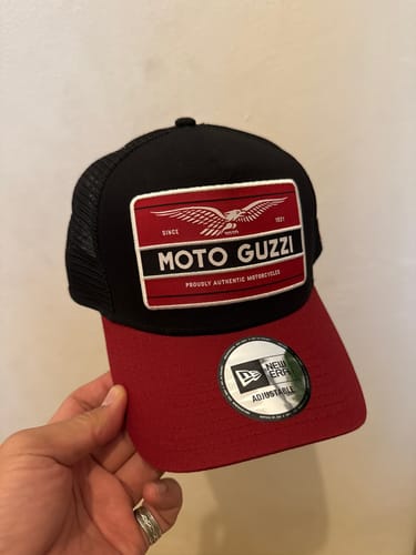Customer photo review of 9FORTY E-Frame Trucker Graphic Patch Moto Guzzi Black Scarlet Snapback