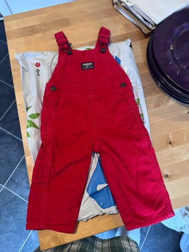 Customer photo review of OshKosh Kids Corduroy Dungarees Red Age 9M
