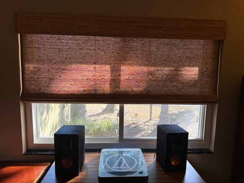 Customer photo review of SmartWings Motorized Woven Wood Shades 70% Blackout Privacy Orithyia
