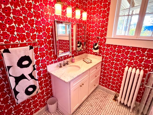 Customer photo review of Marimekko MKS4492 Red Pieni Unikko Peel & Stick Wallpaper