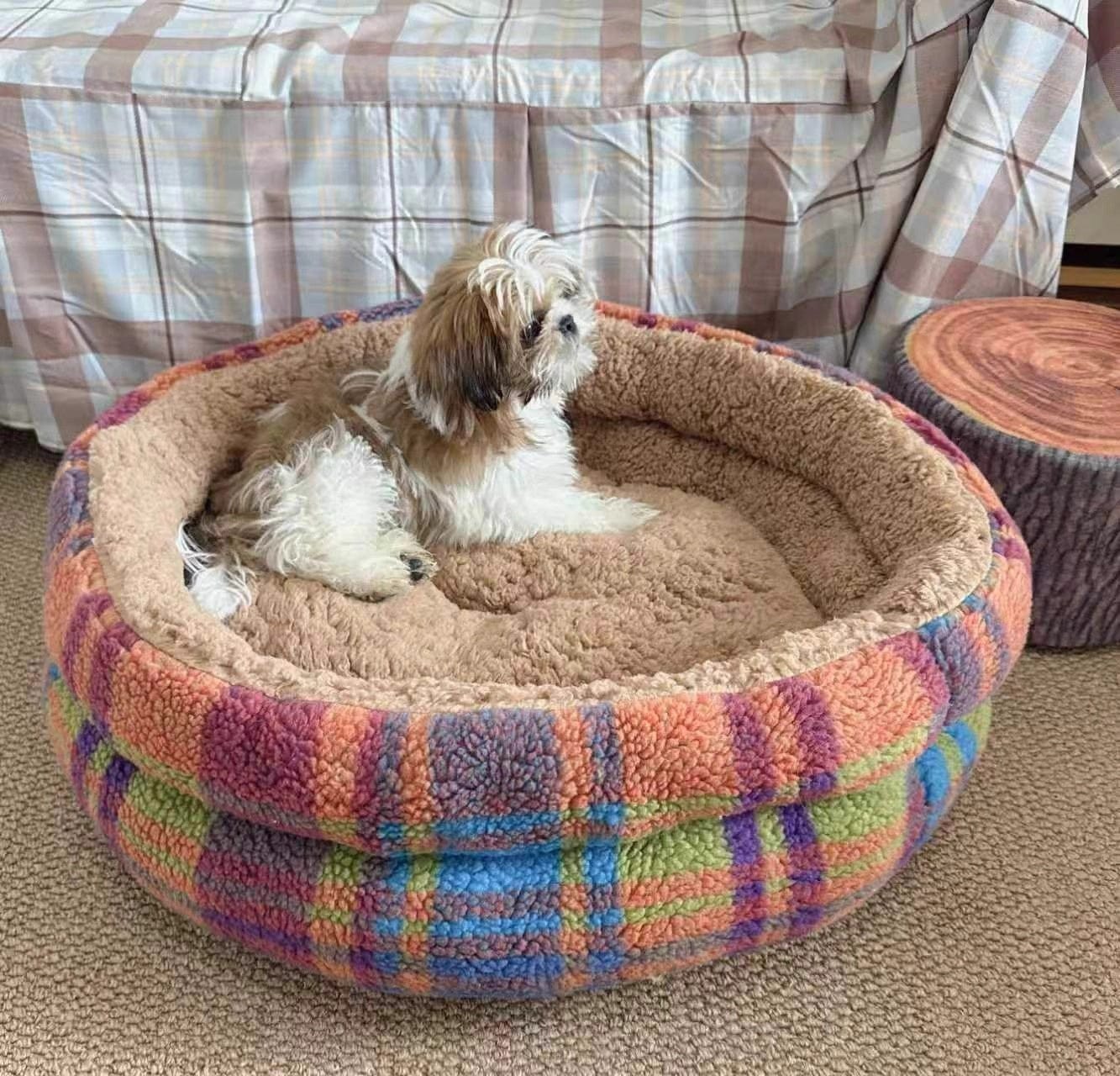 Customer photo review of Vintage Plaid  Faux Lambswool Round Pet Bed