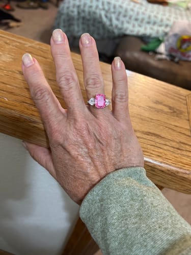 Customer photo review of Louily Elegant Cushion Cut Three Stone Pink Sapphire Engagement Ring In Sterling Silver
