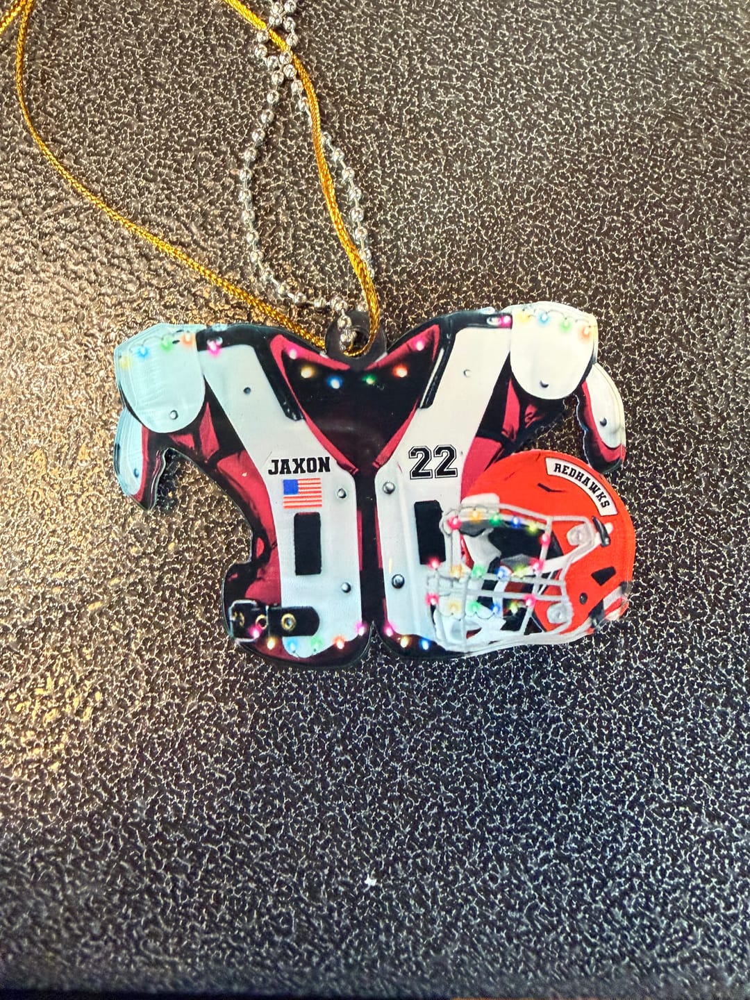 Customer photo review of American Football Shoulder Pads and Helmet Personalized Ornament