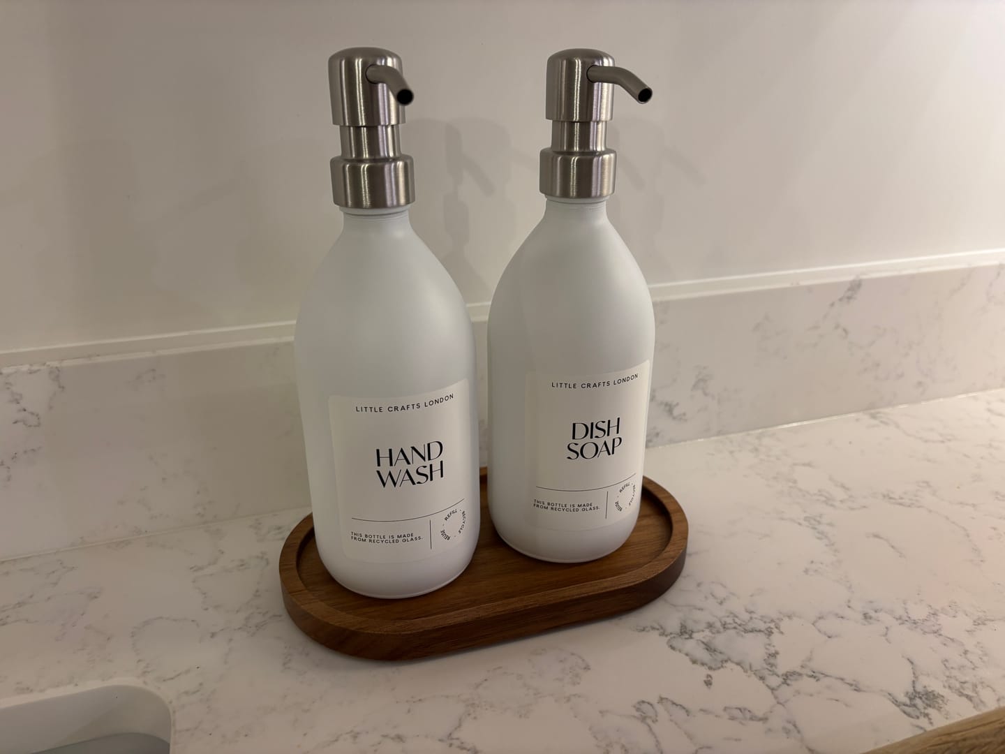 Customer photo review of Set of 2 Milky White Glass Bottle 500 ML with Metal Pump & Small Tray (White Label)