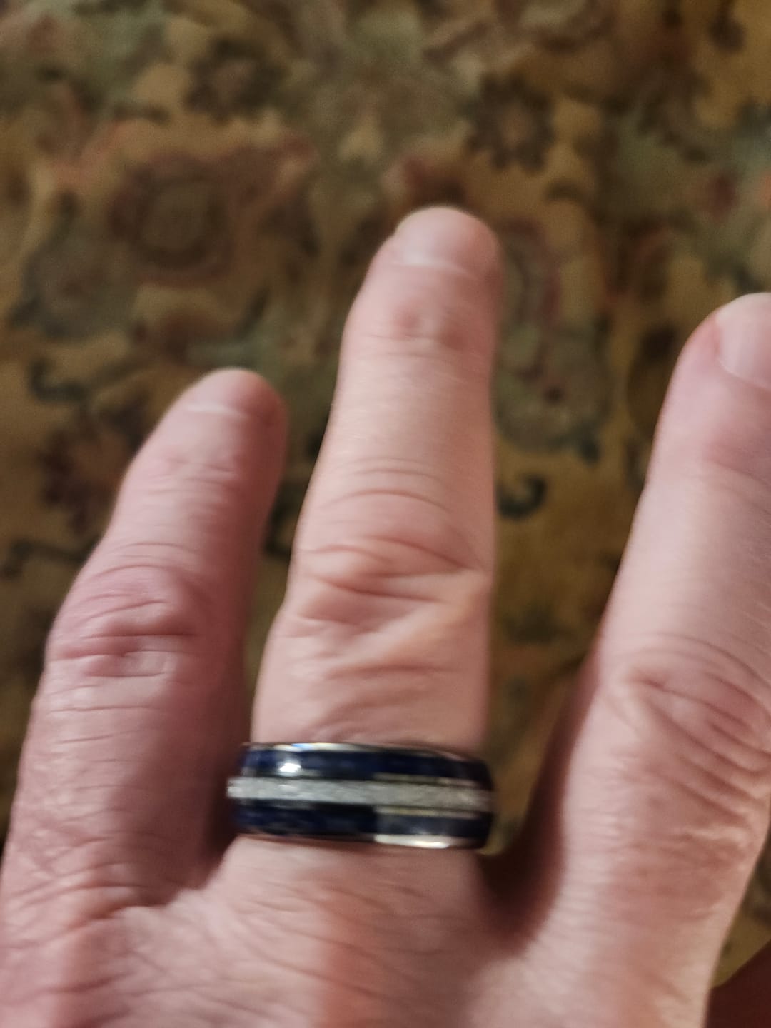 Customer photo review of 8mm - Mens Domed Tungsten Meteorite Ring, W/ Lapis Lazuli Inlay