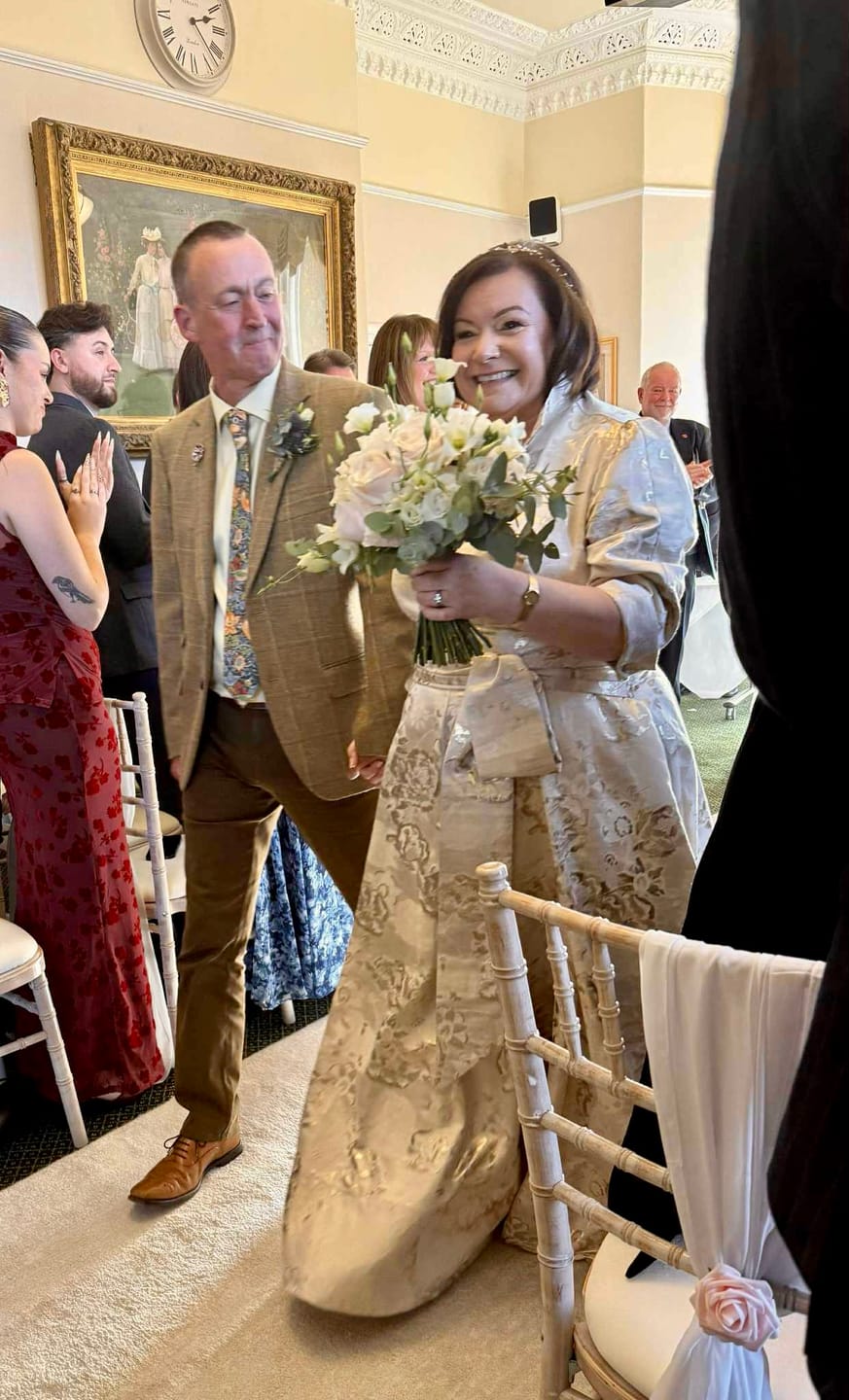 Customer photo review of 'Signature' Gold and Cream Brocade Maxi Shirt Dress
