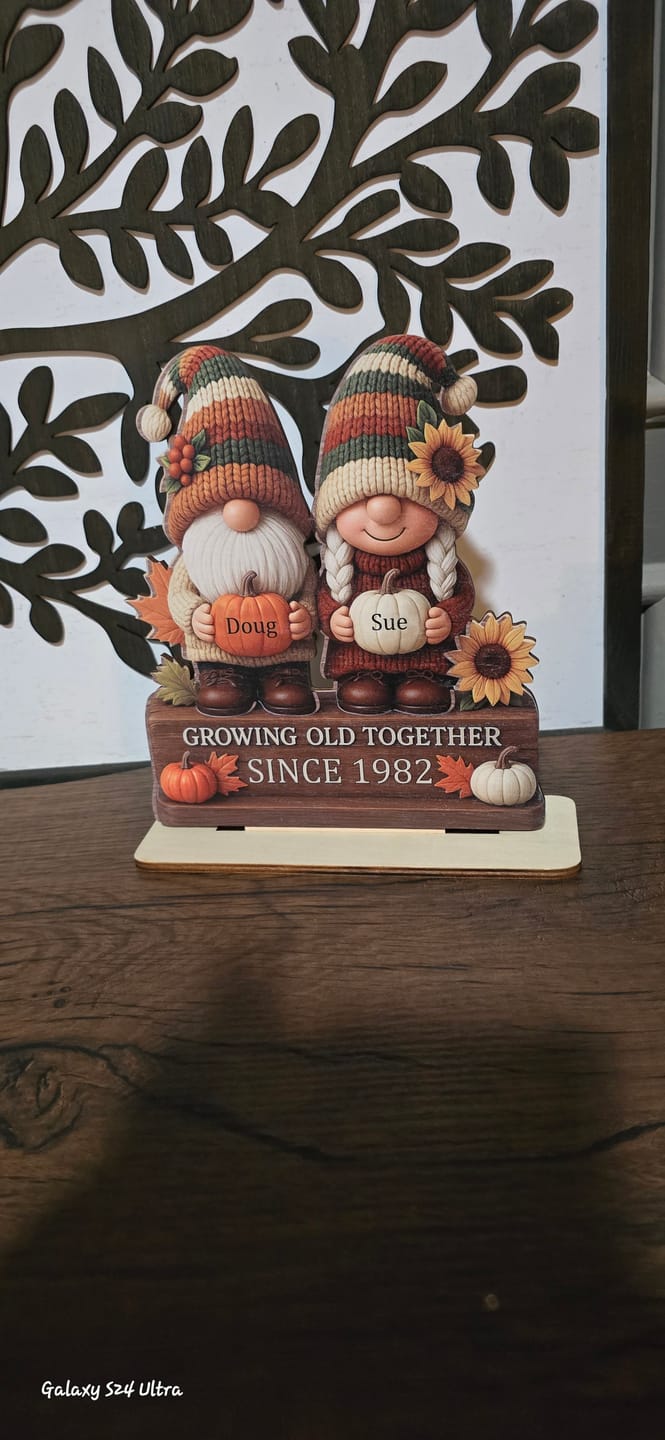 Customer photo review of Personalized "Growing Old Together" Gnome Plaque With Couple Names & Sunflowers Pumpkins Autumn's Warm Charm For Couple Gift For Grandparent