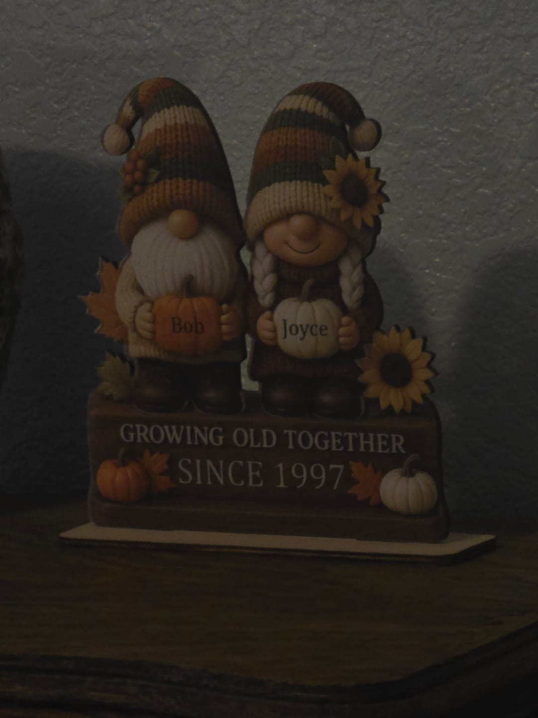 Customer photo review of Personalized "Growing Old Together" Gnome Plaque With Couple Names & Sunflowers Pumpkins Autumn's Warm Charm For Couple Gift For Grandparent
