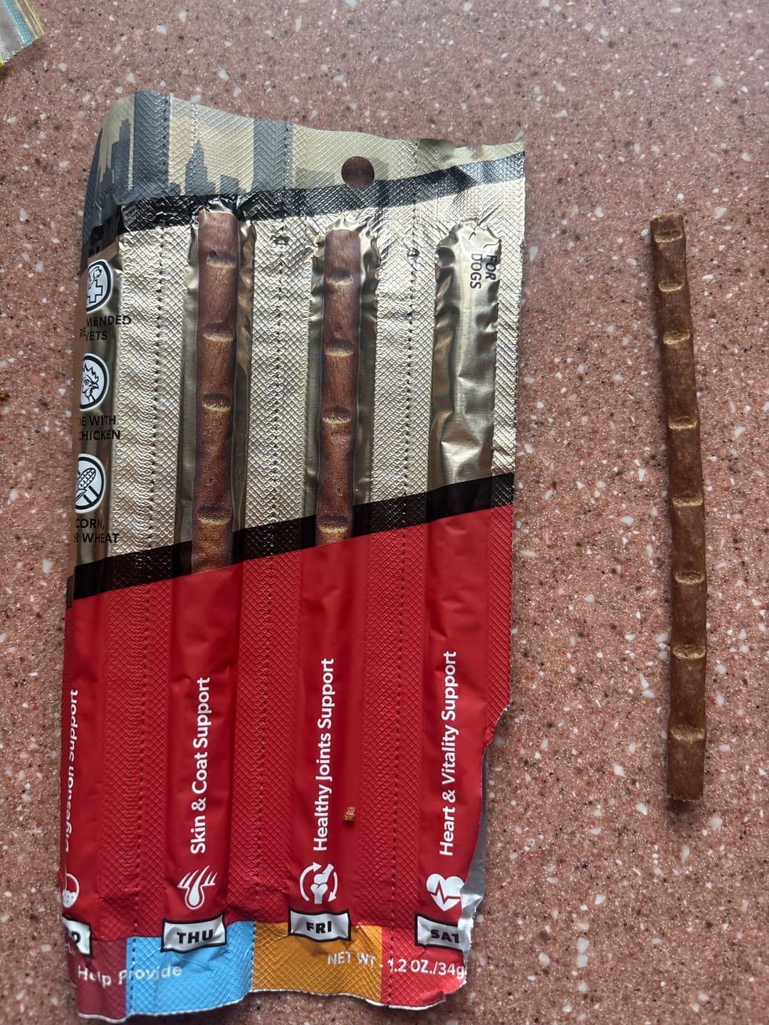 Customer photo review of Stick a Day Dogs | Mix of Chicken & Beef Flavor | Specially Formulated 7-in-1 Functions Daily Real Meat Snacks for Dogs | Healthy Tasty Treat & Pet Vitamins & Supplements Combination (Pack of 28 Sticks)