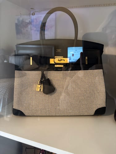 Customer photo review of QUADRILLE BIRKIN 30CM IN BLACK SWIFT CALFSKIN WHITE BLACK PLAID TOILE CANVAS