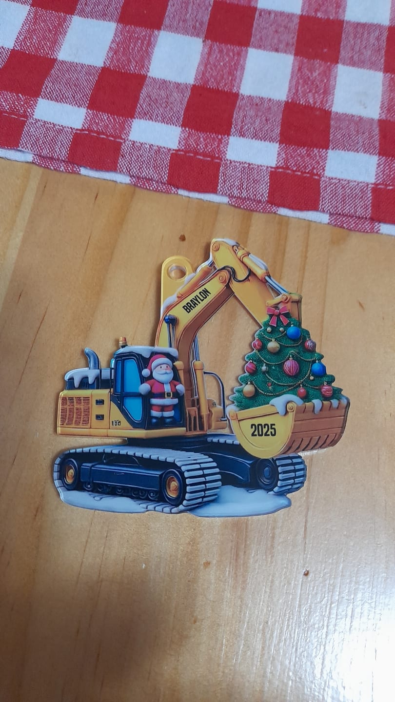 Customer photo review of 3D Effect Little Boy Kid With Car Excavator Backhoe Tractor Christmas Personalized Acrylic Ornament