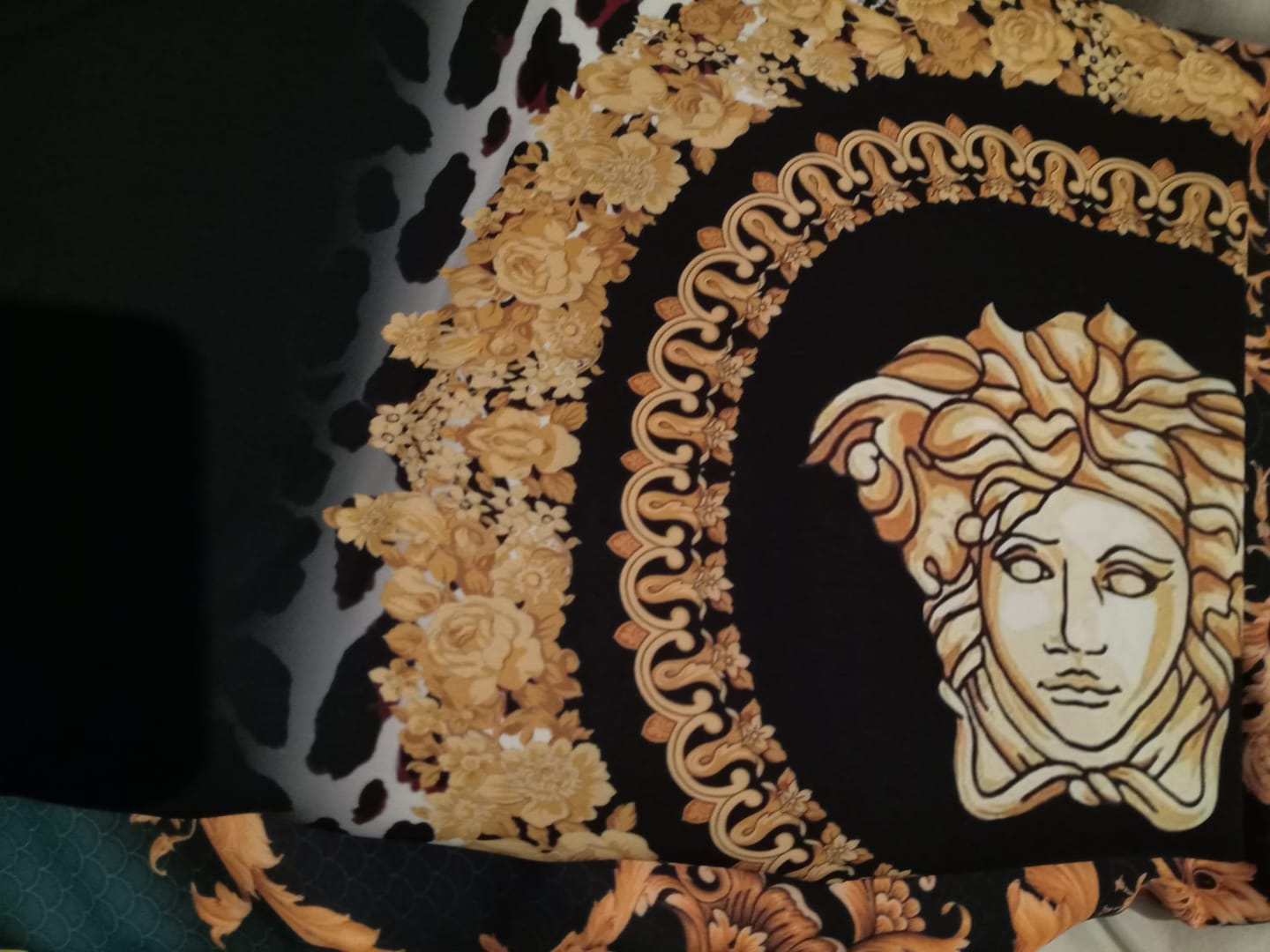 Customer photo review of Black Baroque Gold Crepe Fabric by the Metre