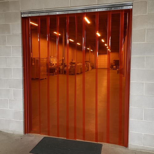 Customer photo review of Transparent Red PVC Strip Curtains (Hook-on) - Energy-Saving, Easy Access, Heat & Dust Barrier, Stainless Steel Rails, Flexible, UV-Protected
