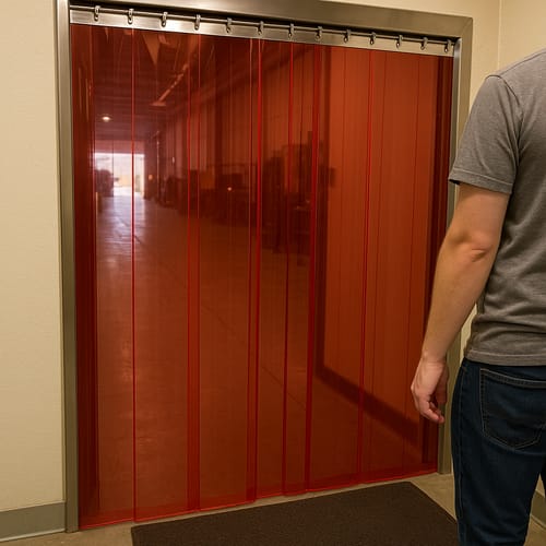 Customer photo review of Transparent Red PVC Strip Curtains (Hook-on) - Energy-Saving, Easy Access, Heat & Dust Barrier, Stainless Steel Rails, Flexible, UV-Protected