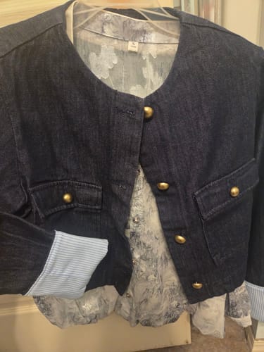 Customer photo review of Button Up Crew Neck Loose Denim Jacket