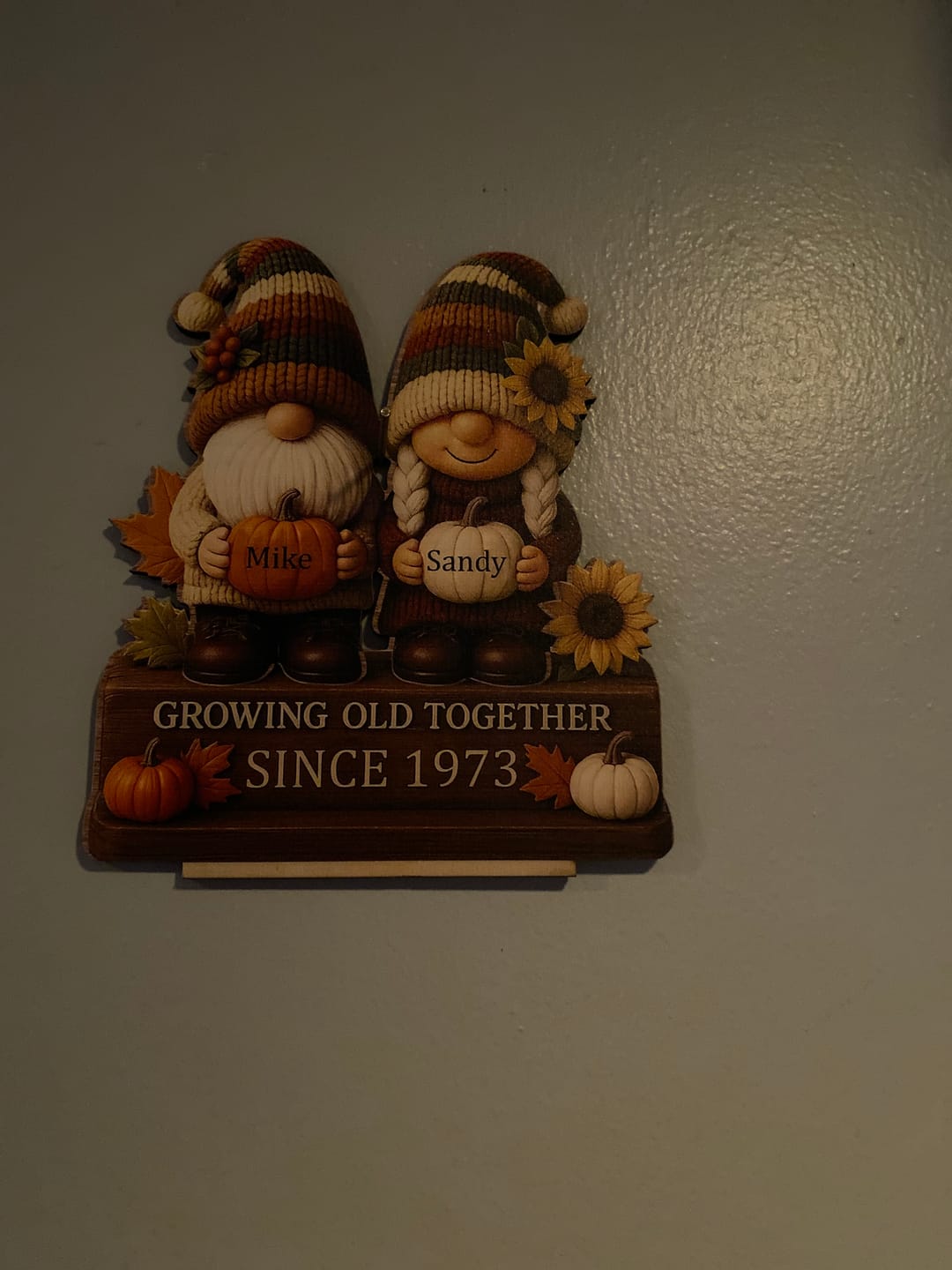 Customer photo review of Personalized "Growing Old Together" Gnome Plaque With Couple Names & Sunflowers Pumpkins Autumn's Warm Charm For Couple Gift For Grandparent