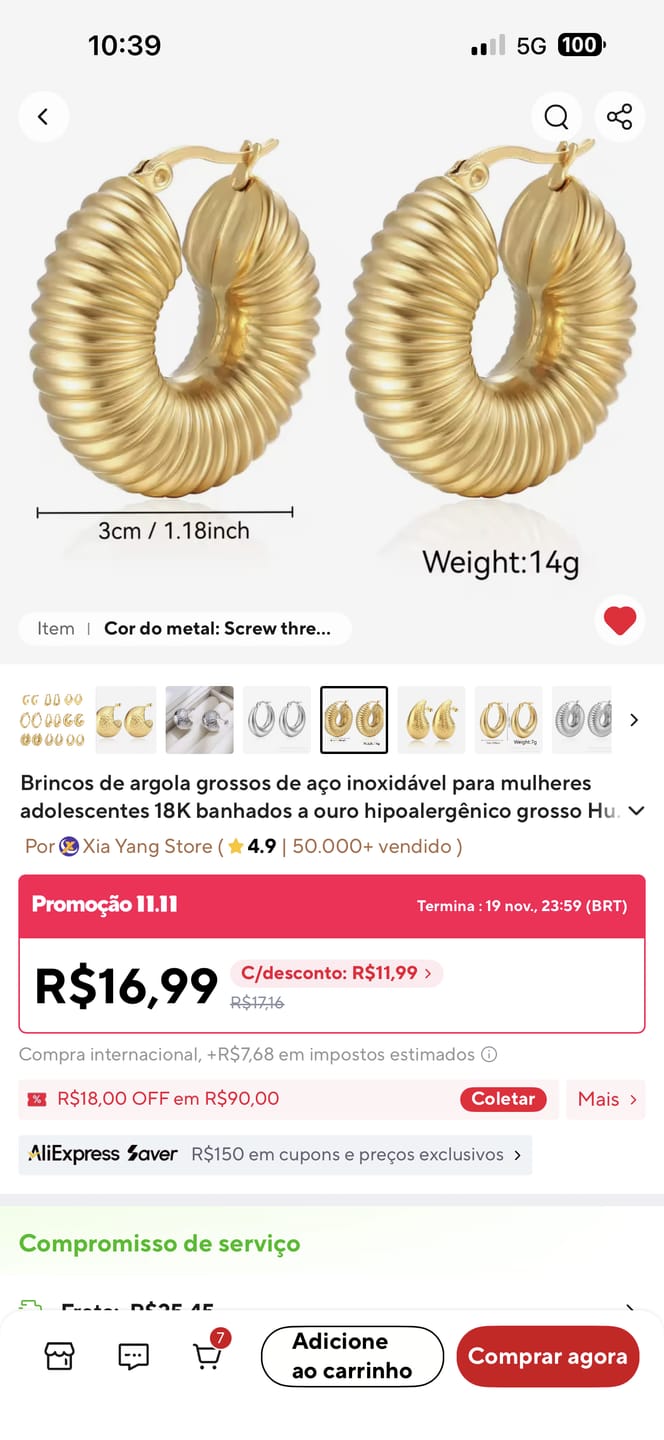 Customer photo review of Brincos de Argolas Bold Ziza Banhado em Ouro 18k