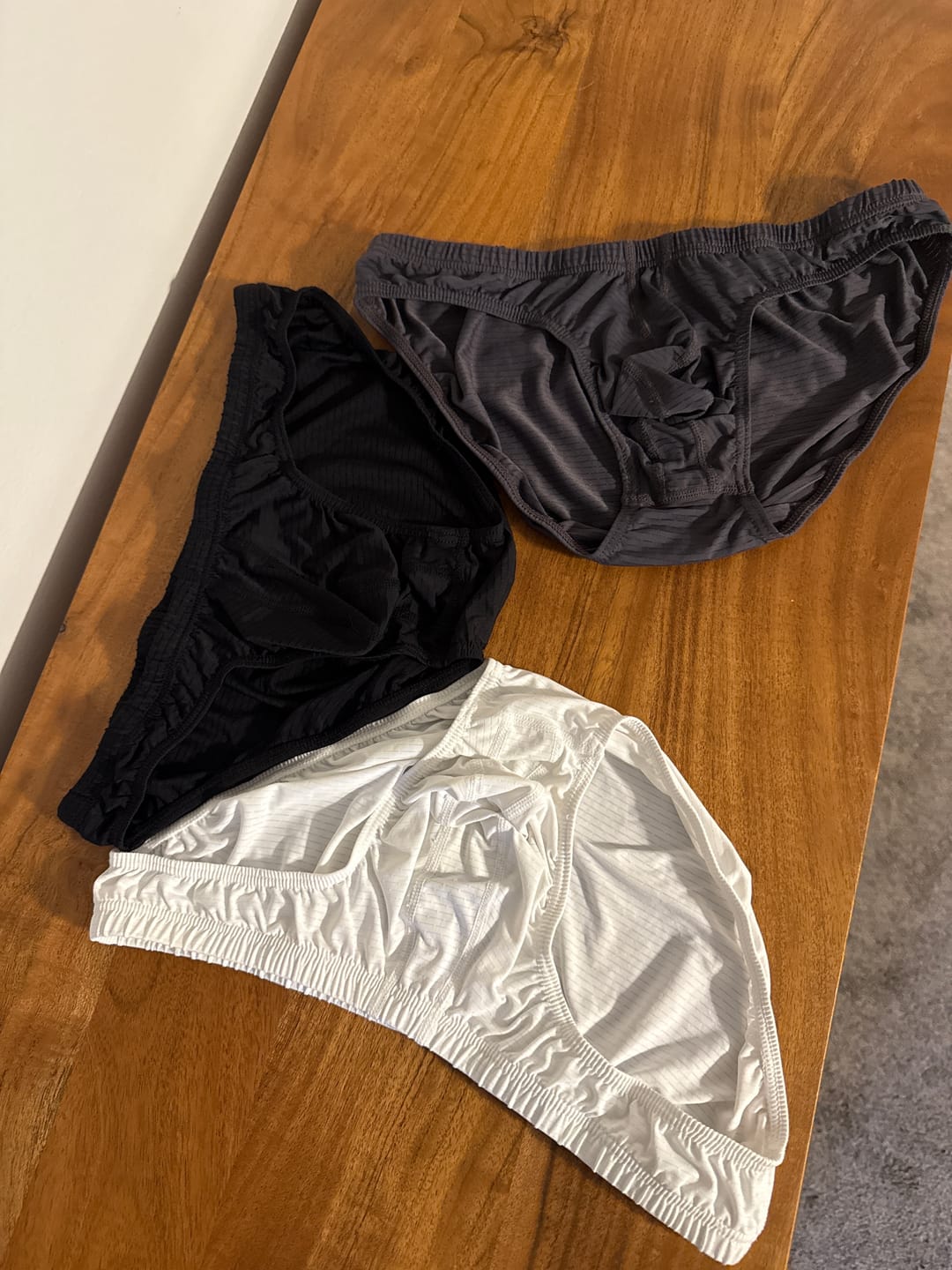 Customer photo review of Nylon 0in Low-Rise Bikini Briefs No Fly 3pk Black/Gray/White