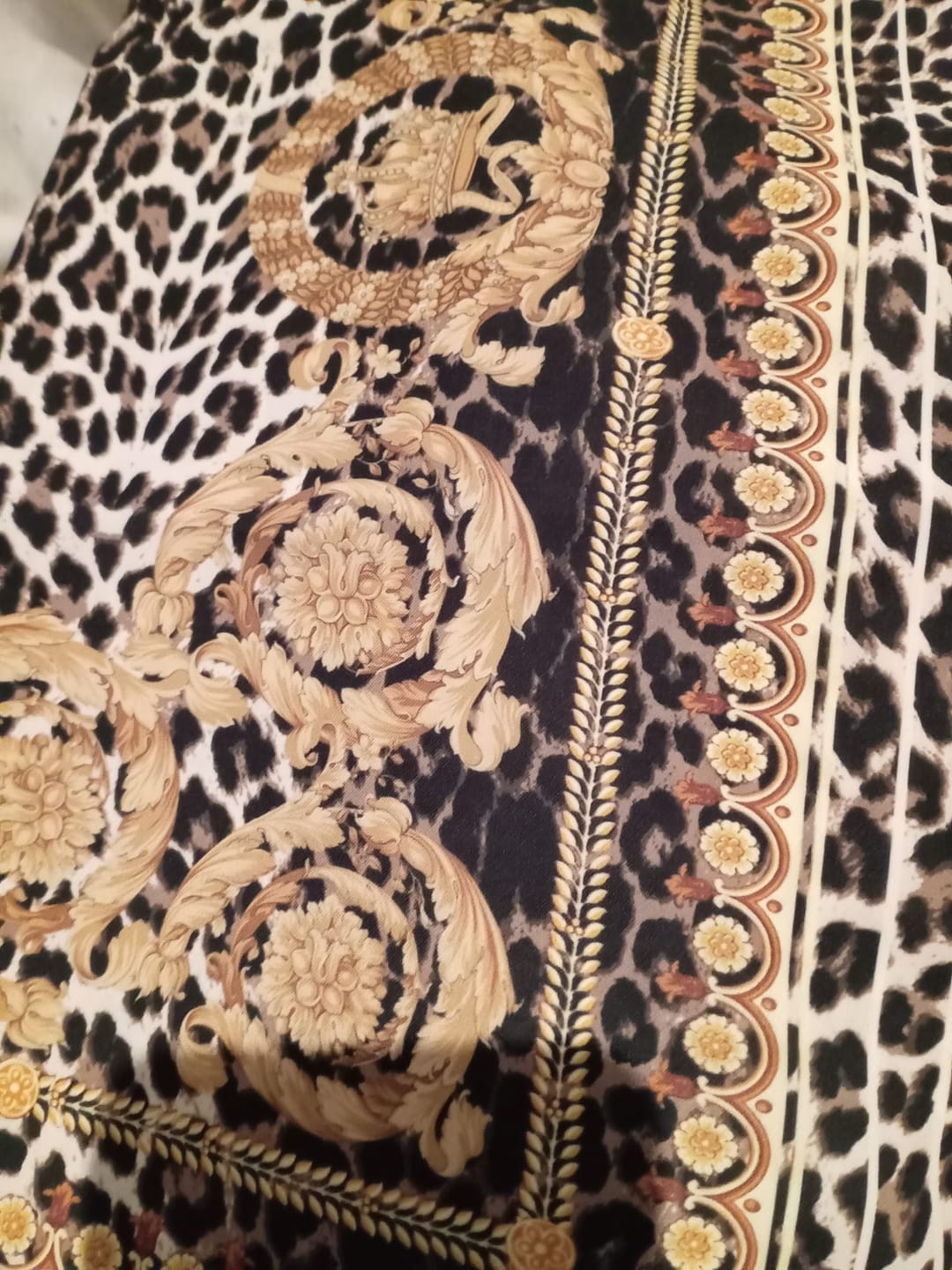 Customer photo review of Luxury Baroque Leopard Crepe Fabric by the Metre