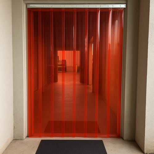 Customer photo review of Transparent Red QuickMount Curtains – Energy-Saving, Flexible PVC Strip Curtains for Pedestrian Doorways, Weather Protection, Easy Installation
