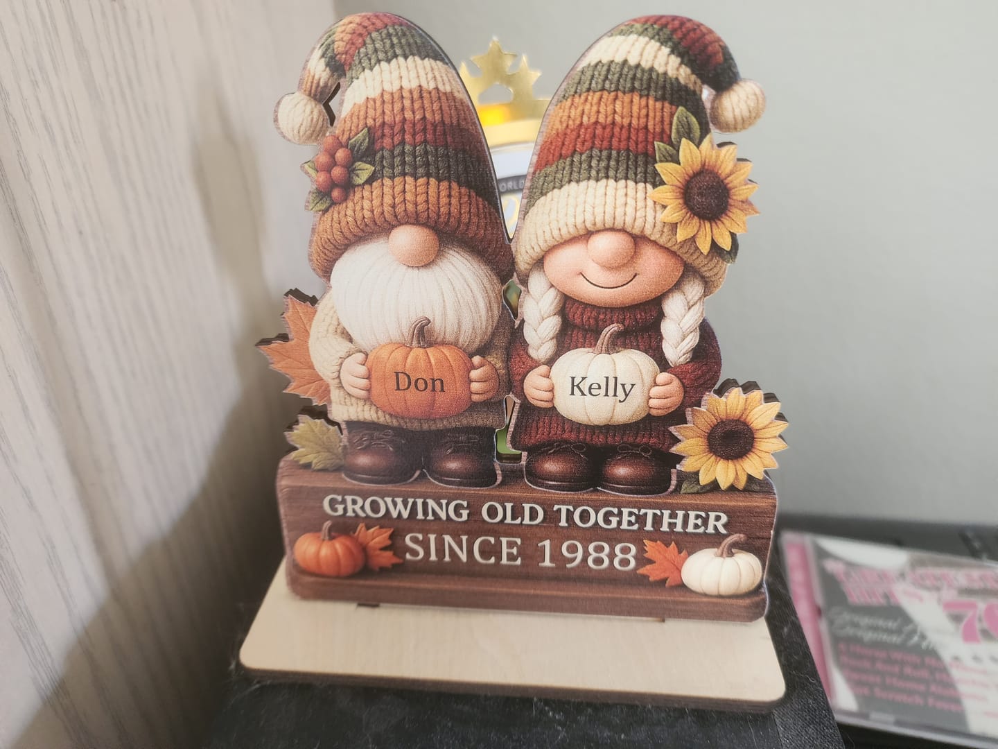 Customer photo review of Personalized "Growing Old Together" Gnome Plaque With Couple Names & Sunflowers Pumpkins Autumn's Warm Charm For Couple Gift For Grandparent