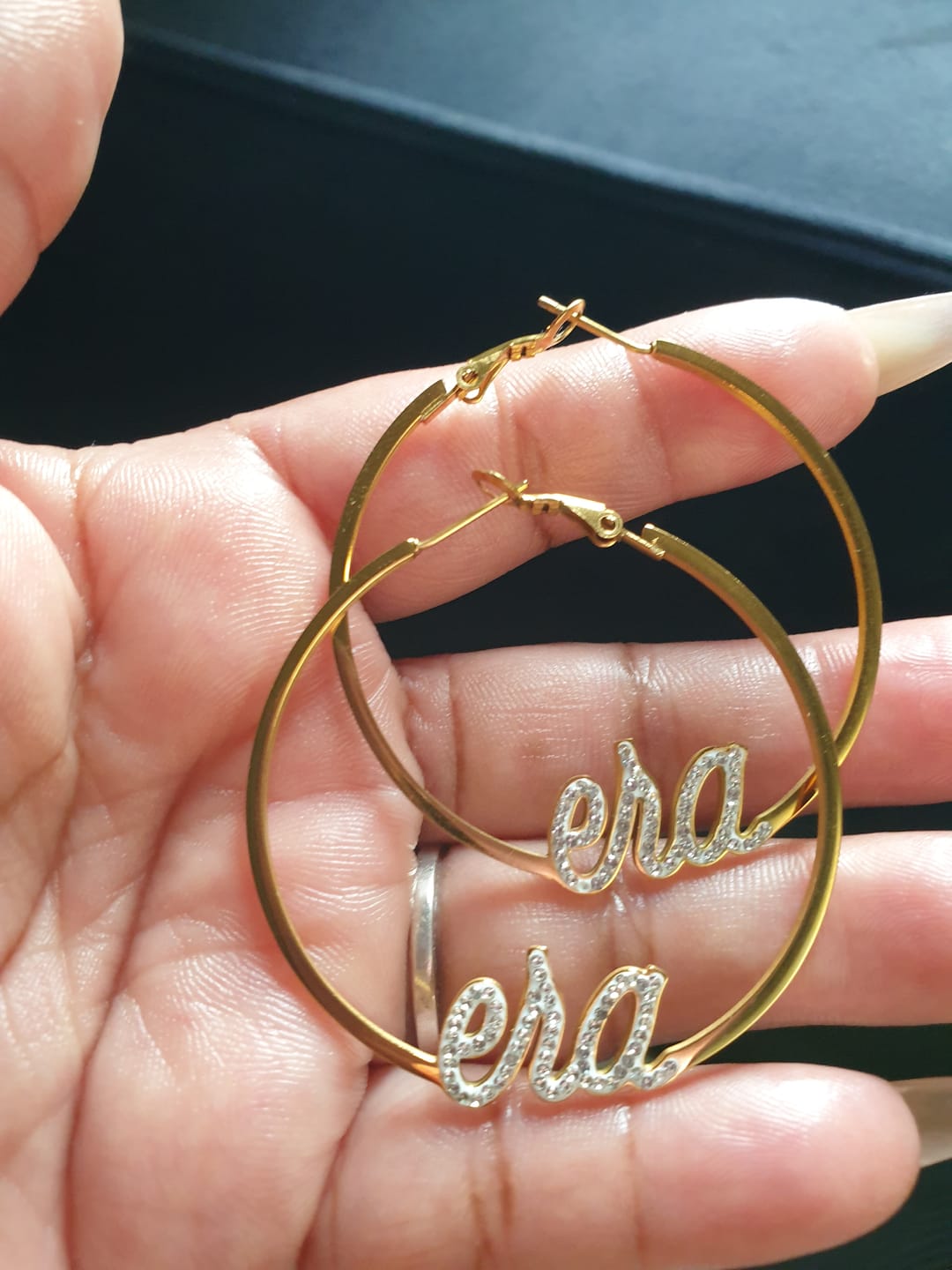 Customer photo review of Gold Precious Era Logo Hoops