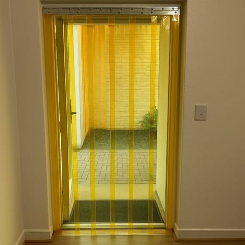 Customer photo review of Transparent Yellow QuickMount Curtains – Energy-Saving, Flexible PVC Strip Curtains for Pedestrian Doorways, Weather Protection, Easy Install