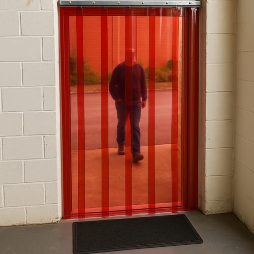 Customer photo review of Transparent Red QuickMount Curtains – Energy-Saving, Flexible PVC Strip Curtains for Pedestrian Doorways, Weather Protection, Easy Installation