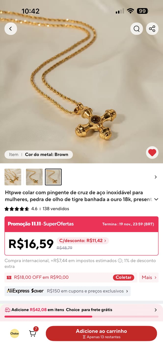 Customer photo review of Colar Olho de Tigre Banhado em Ouro 18k
