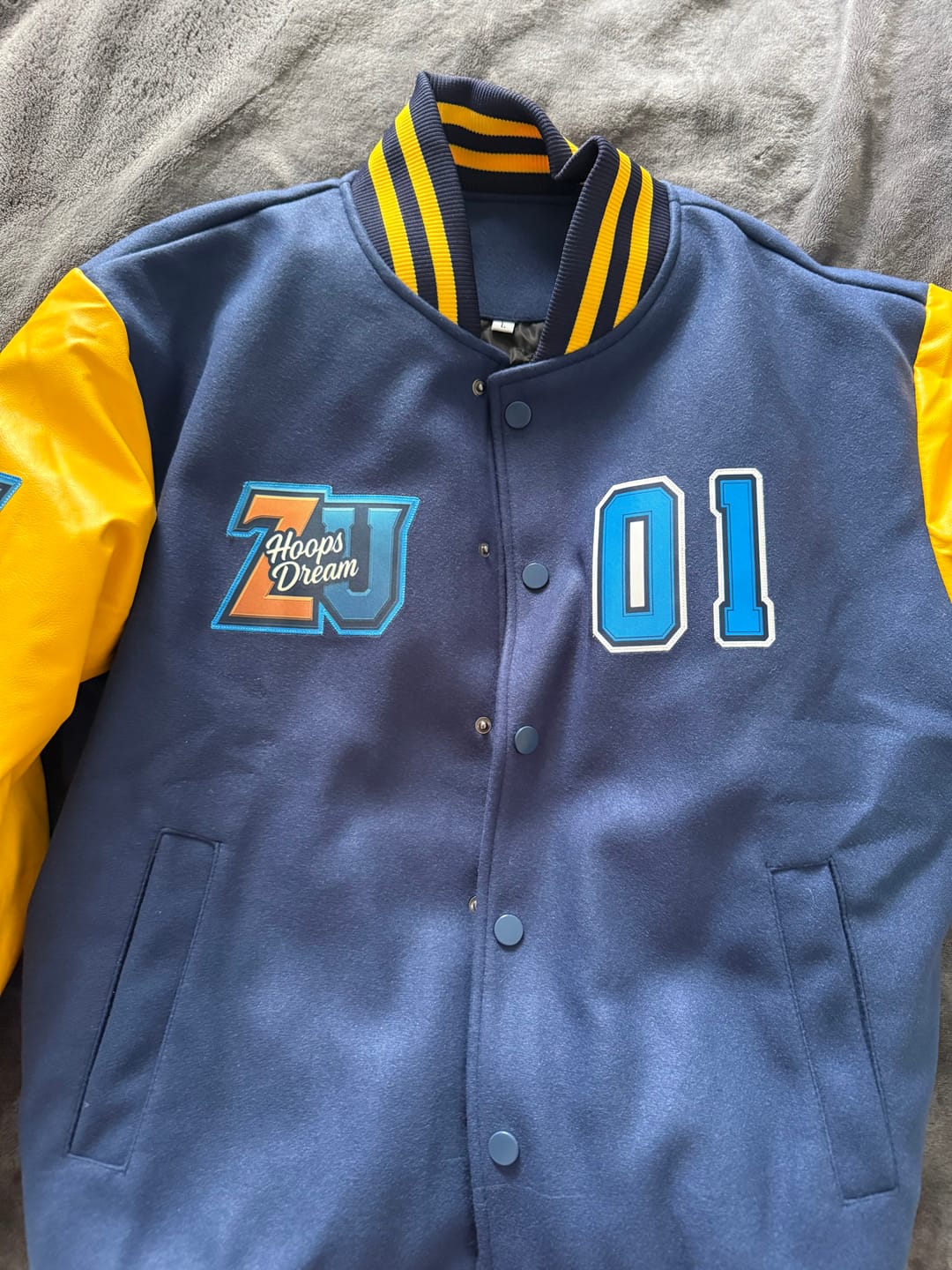 Customer photo review of Custom Navy Yellow Letterman Varsity Jacket Personalized Embroidery Printing